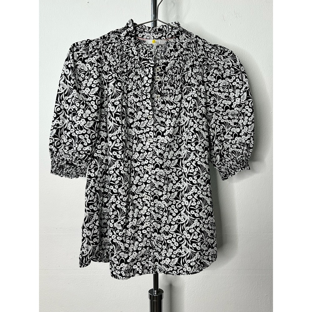 Boden Blouse Black White Floral Smocked Puff Sleeve Cotton Top